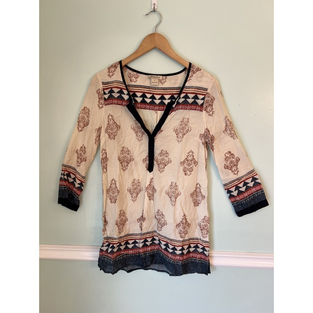 Lucky Brand Womens Top Size Small Blue V-Neck Long Sleeve Tunic Aztec Boho